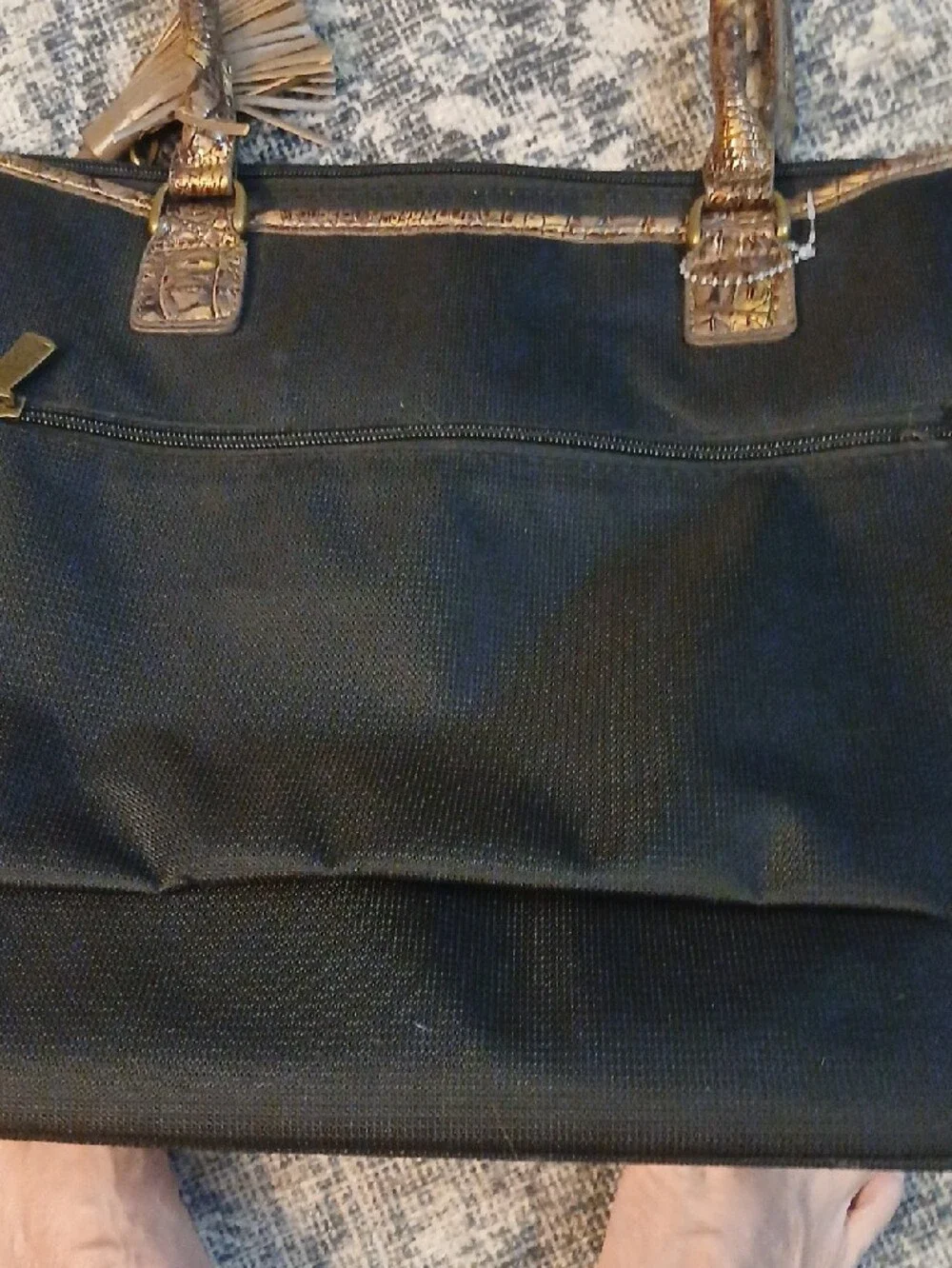 Reba Black Laptop Tote with Metallic Brown Faux-Croc Trim and Tassel